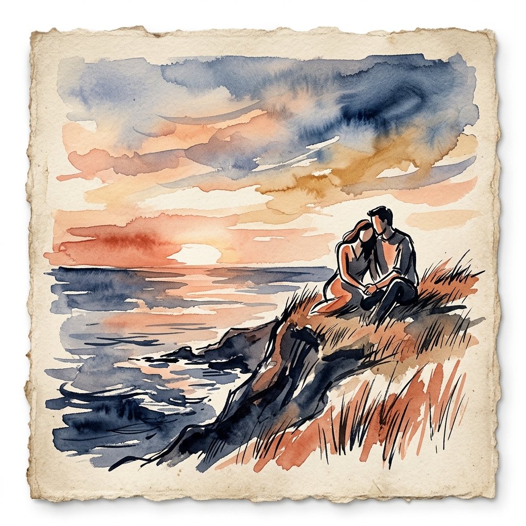 Brush stroke couple sitting on cliff overlooking ocean