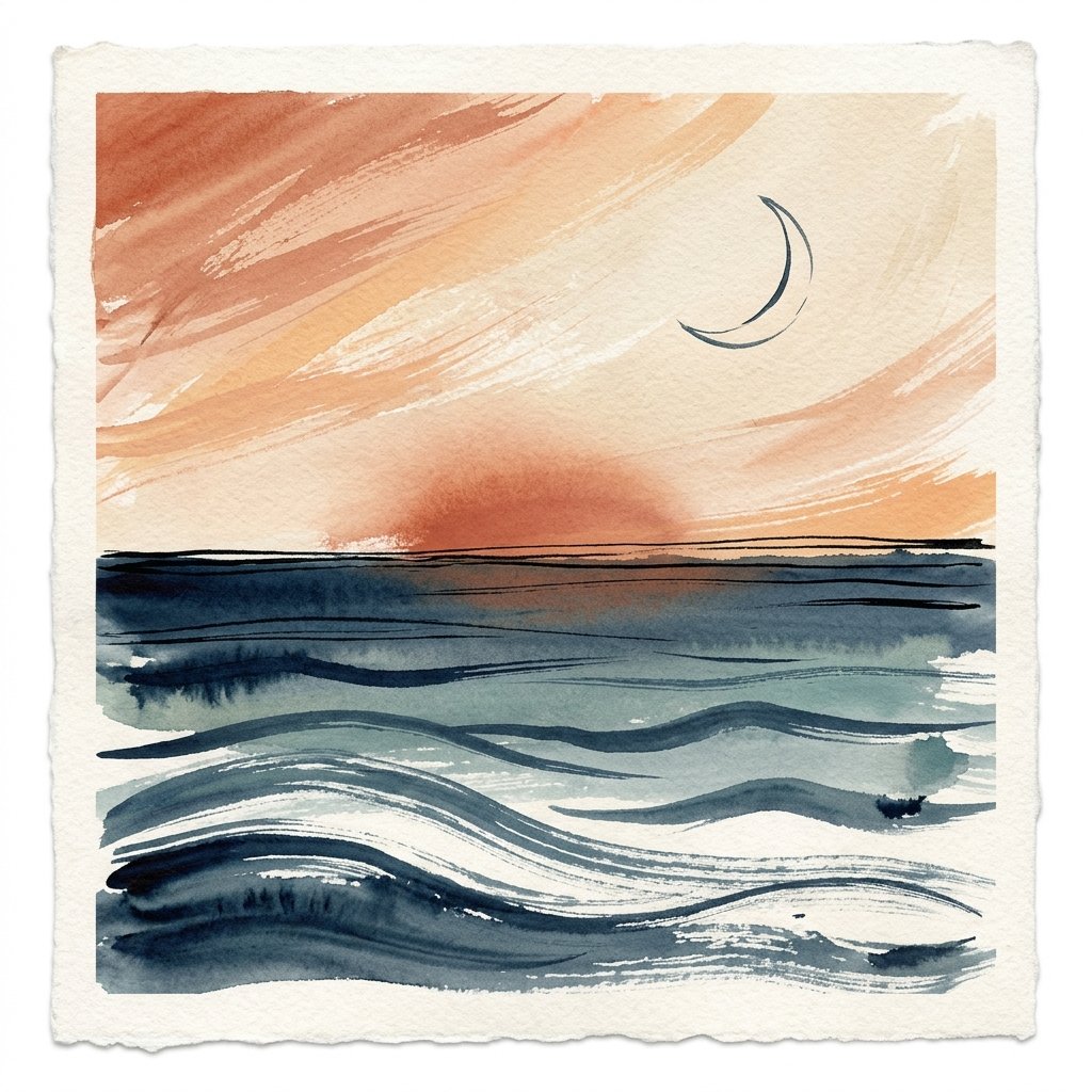 Brush stroke sunset ocean with crescent moon